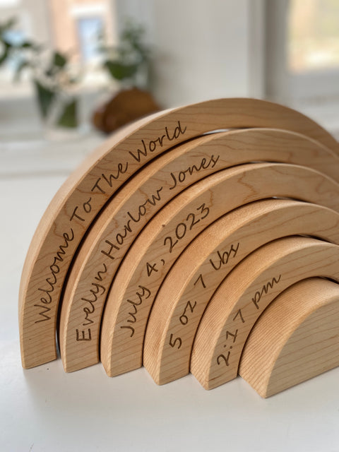 Personalized Maple rainbow stacker with baby name and birth details