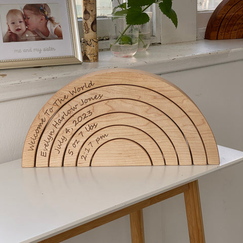 Personalized Maple rainbow stacker with baby name and birth details