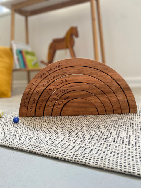 Personalized Cherry Wood Rainbow stacker with baby's name and birth details