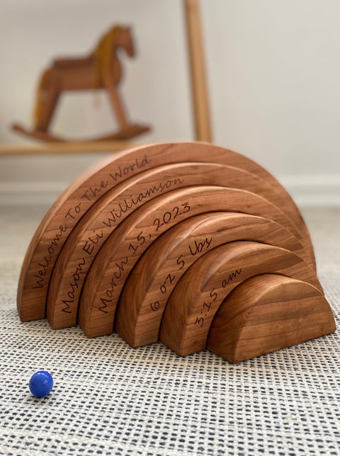 Personalized Cherry Wood Rainbow stacker with baby's name and birth details