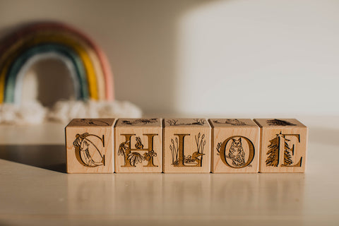 Personalized Wooden Name Blocks Baby Gift Custom Name Handmade Organic Nature Collection Animal Theme