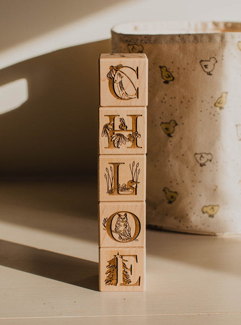 Personalized Wooden Name Blocks Baby Gift Custom Name Handmade Organic Nature Collection Animal Theme White Box Packaging Chloe