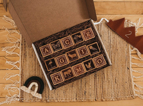 Set of 15 Tiny Maker Mind French Animal Alphabet Blocks made of Maple Wood