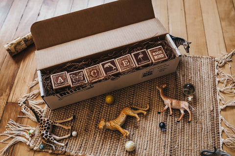 Set of 7 Tiny Maker Mind Laser Etched Animal Alphabet blocks made of cherry wood